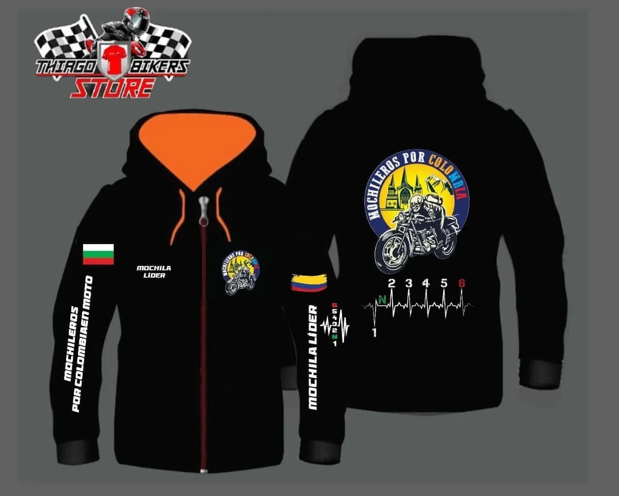 Diseño de buzo negro con capota naranja para Mochileros por Colombia